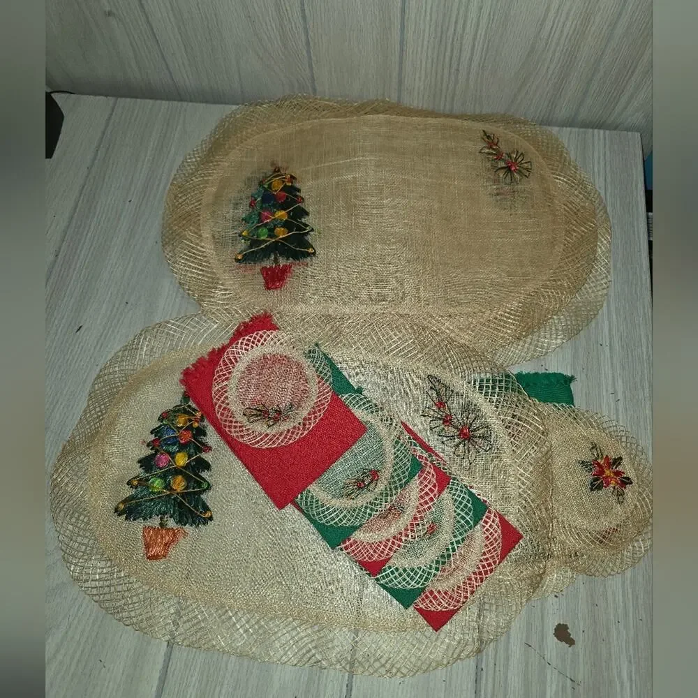 Vtg Christmas Tree Woven Raffia Oval Placemats Coasters Napkins Holiday Boho